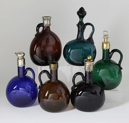 Collection of Six Hand-Blown Colored Clear Glass Decanters