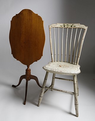 Nantucket Cherry Candlestand and American White Painted and Polychrome Brides Chair