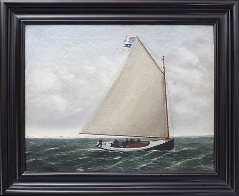 H.J. Brook Oil on Canvas Catboat Addie L. Preston Sailing in a stiff breeze off the coast