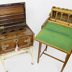 Anglo-Indian Brass-inlaid Exotic Hardwood Campaign Desk and Chinese Export Camphorwood Tambour Writing Desk