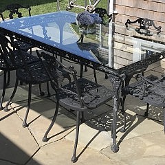 Black Painted Cast Aluminum Patio Dining Table and 7 Chairs, beveled glass top