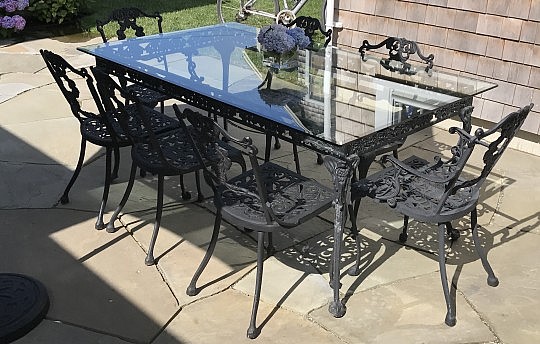 Black Painted Cast Aluminum Patio Dining Table and 7 Chairs, beveled glass top