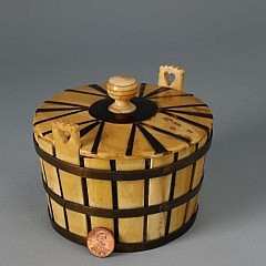 Fine Whale Ivory, Baleen, Tortoiseshell and Brass Miniature Covered Tub, circa 1840