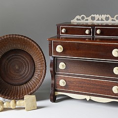 Sailor Made Miniature Chest of Drawers, Nantucket Basket and Seam Rub