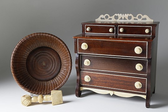 Sailor Made Miniature Chest of Drawers, Nantucket Basket and Seam Rub