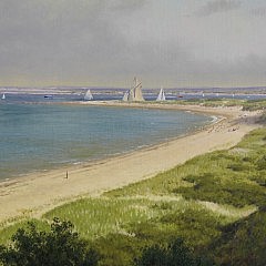 Joseph McGurl (Massachusetts b. 1958) Oil on Canvas “Panoramic View of the Jetties from the Cliff, Nantucket”