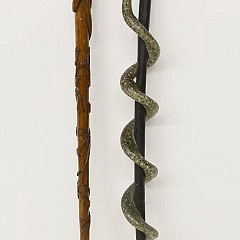 Folk Art Carved Ohio Hand Walking Stick and Folk Art Carved and Painted Snake Cane