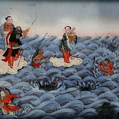 Chinese Reverse Painting On Glass, “Triumph of the Eight Immortals Over the Forces of the Dragon King of the East Sea”