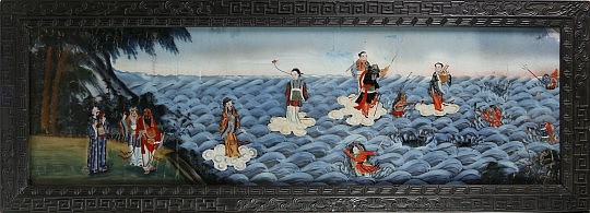 Chinese Reverse Painting on Glass "Triumph of the Eight Immortals Over the Forces of the Dragon King of the East Sea