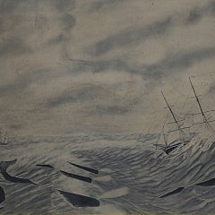 American School, 19th Century, Ink and Graphite on Paper “Sperm Whaling Scene: Two Ships Closing in on a Pod of Whales”