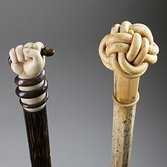 Fine Whale Ivory and Tropical Wood Walking Stick and Whaleman Carved Whale Ivory and Whalebone Walking Stick