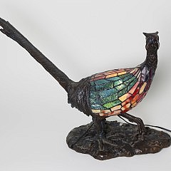 Charles Schneider Stained Glass and Patina Metal Pheasant Lamp