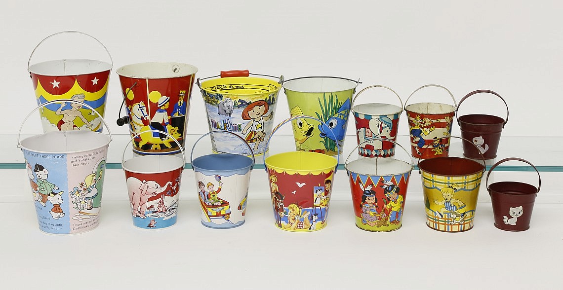 Beach Sand Buckets Collection of 14 Vintage Decorated Tin Beach Sand