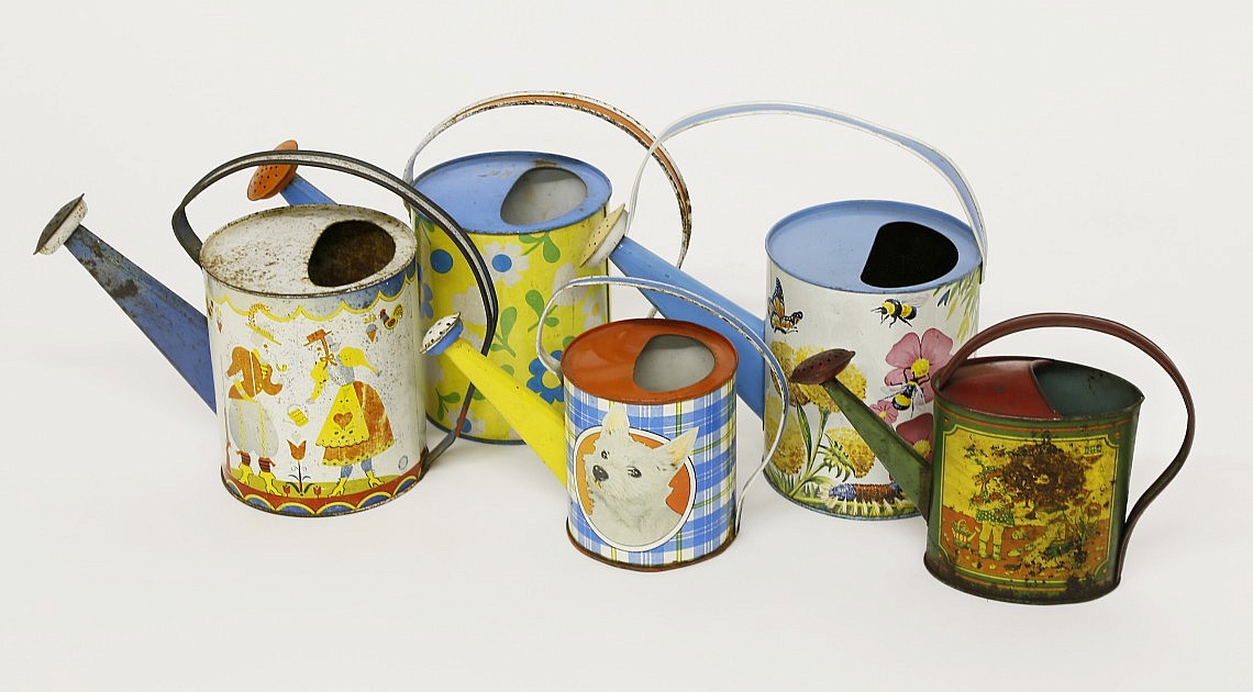 Vintage tin Watering Cans Collection of Five Vintage Tin Watering