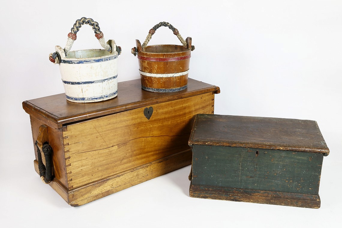 Sea Trunk Two Sailor's Sea Trunks and Water Buckets Rafael Osona