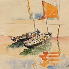 Richard Hayley Lever Watercolor on Paper “Two Dories Docked”