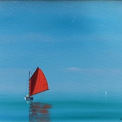 Robert Stark Jr. Oil on Canvas “Lone Red Sail on Calm Waters”