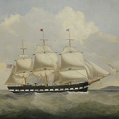 19th Century American Oil on Canvas Portrait of a Squared Rigged Clipper Approaching a Headland