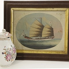 Chinese Export Oil on Linen, circa 1830 Portrait of a Mandarin Junk