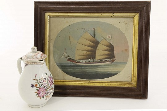 Chinese Export Oil on Linen, circa 1830 Portrait of a Mandarin Junk