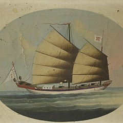 Chinese Export Oil on Linen Portrait of a Mandarin Junk