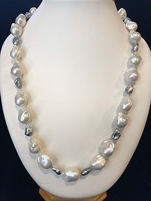 13mm-16mm White Baroque and Grey Keshi Pearl Necklace