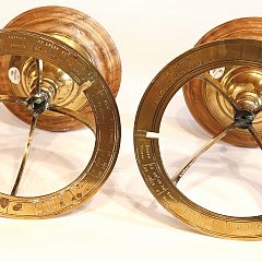 Pair of Early 19th c. French Brass Armillary Spheres on Turned Wood Bases