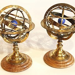 Pair of Early 19th c. French Brass Armillary Spheres on Turned Wood Bases