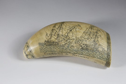 Whaleman Scrimshaw and Polychromed Sperm Whale Tooth Depicting the Naval Engagement of the Constitution and the Guerriere, 1st Quarter of the 19th century