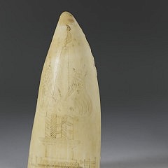 Whaleman Carved and Scrimshaw Sperm Whale Tooth, circa 1860