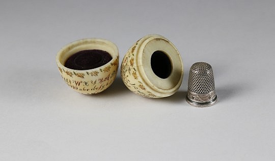 Whaleman Carved and Polychrome Scrimshaw Whale Ivory Thimble Holder, circa 1850