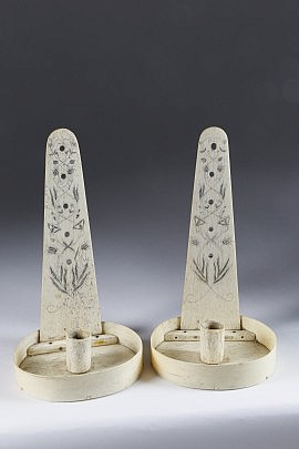 Scarce Pair of Whaleman Made Scrimshaw Whalebone Candle Sconces, circa 1850