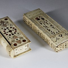 Prisoner-of-War Carved Bone Game Box, circa 1810, Prisoner-of-War Polychrome Bone Trinket Box, circa 1820