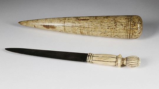 Whaleman Made Baleen and Whale Ivory Knife, circa 1870, Whaleman Carved Whalebone Fid, circa 1840-50