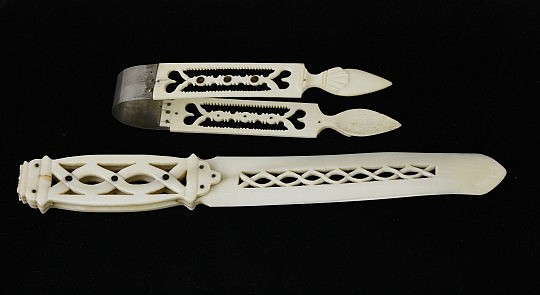 Whaleman Made Whale Ivory Letter Opener, circa 1850 together with Whalebone Sugar Tongs