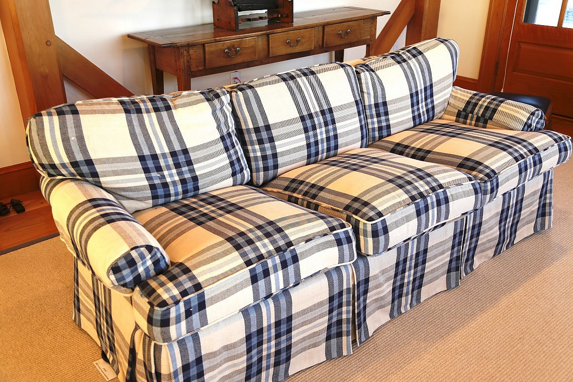 Sofa Blue and Creme Glenn Plaid Skirted SixCushion Sofa Rafael
