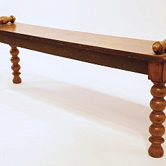 19th Century English Oak Spool Leg Bench with Yellow Seat Cushion