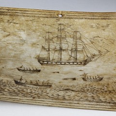 Whaleman Scrimshaw Pictorial Panbone Plaque, circa 1840