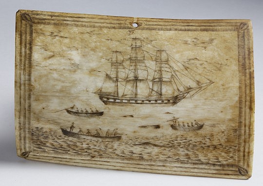 Whaleman Scrimshaw Pictorial Panbone Plaque, circa 1840