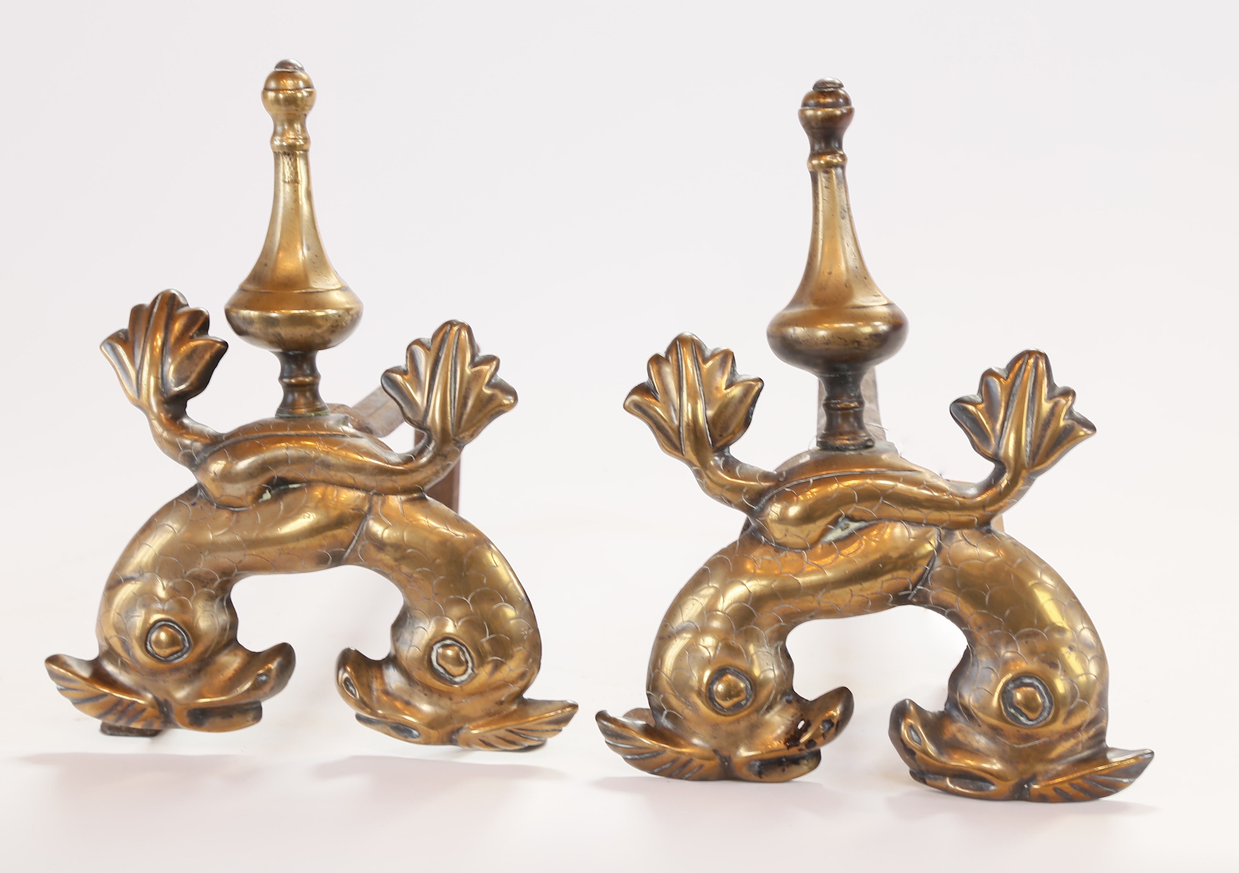 Andirons - Pair of 19th Century Double Dolphin And Finial Brass ...