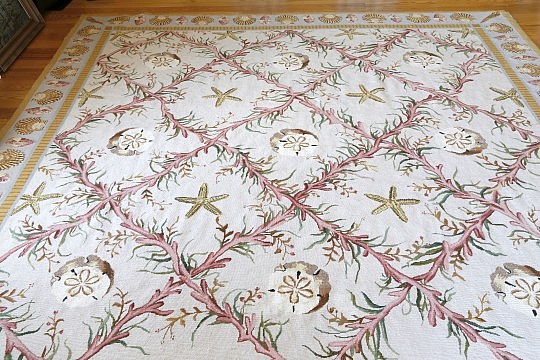 Needlepoint Carpet in a Seaweed and Starfish Pattern with Scallop Shell Border