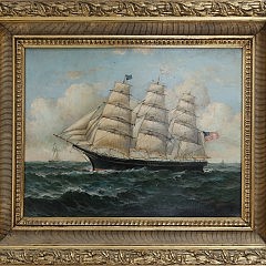 Oil on Canvas 3-Mast Clipper Ship on the Open Seas, signed lower right Robert Sanders