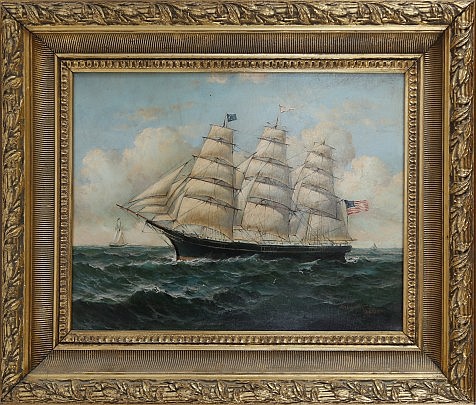 Oil on Canvas 3-Mast Clipper Ship on the Open Seas, signed lower right Robert Sanders