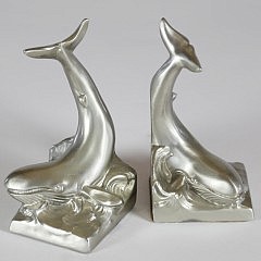 Pair of "P.M. Craftsman" Whale on a Wave Bookends in chrome finish