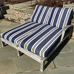 Two Gloster Teak Double Wide Chaise Lounges with Blue and White Striped Cushions