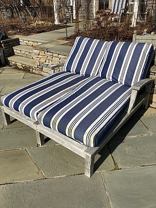 Two Gloster Teak Double Wide Chaise Lounges with Blue and White Striped Cushions