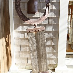 Asian Gong Bell with Wood Mallet Mounted as Sculpture on Plank Pedestal, Iron Base
