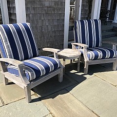 Pair of Gloster Teak Armchairs with Blue and White Cushions and Round Teak Table