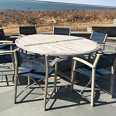Round Teak Outdoor Dining Table with 8 Assembled Chairs with Blue Woven Seats and Backs