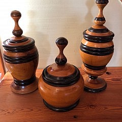 Group of Three Treen-ware Covered Vessels with Painted Bands